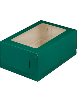 Коробка на 6 капкейков с прям. окном (тем. зеленая), 235*160*100мм