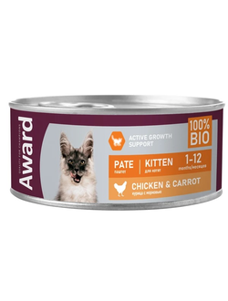 AWARD (Эворд) влажный корм (консерва) паштет для котят курица и морковь, 100 г