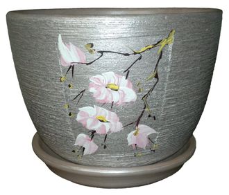 Серебристый необычный цветочный горшок из керамики диаметр 19 см с рисунком цветок