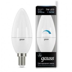 Лампа светодиодная Gauss Свеча E14 диммируемая 7W(590lm) 4100К 4K 110x38 матовая, пластик/алюм. 103101207-D
