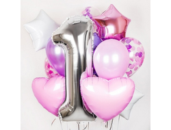 "Нежный микс" (комплект включает в себя одну цифру любого числового порядка, четыре звезды, два сердца, два обычных латексных шара, три шара с конфети и оформление по желанию в фонтан).