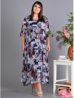 Модель: А-3176. Платье серо-коричневое с абстрактным рисунком