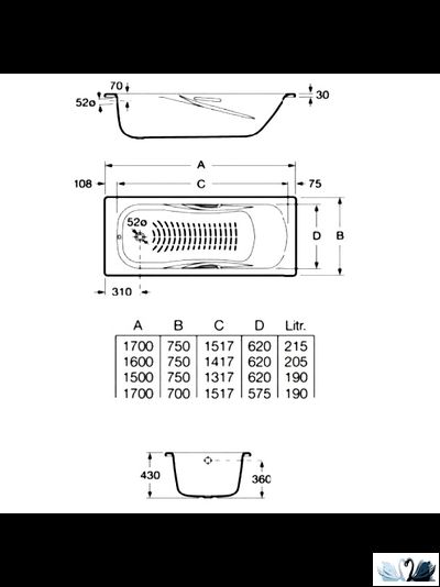 Ванна Roca Princess 170 х 70 см 2209E0000, стальная, толщина стали 2,4 мм