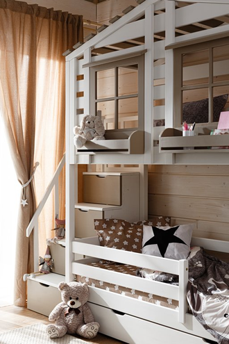 Кровать чердак-домик из массива сосны Двухярусная КИДС 21 с бельевыми ящиками и лесенкой