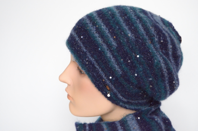 Синий вязаный берет с пайетками Vizio Италия 8066 В