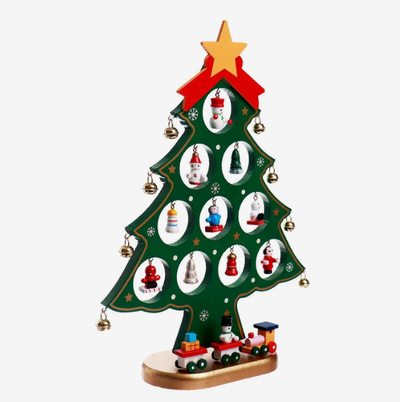 Новогодняя ёлочка деревянная с игрушками и поездом, 7 см х 20 см х 27 см, Цвет зеленый