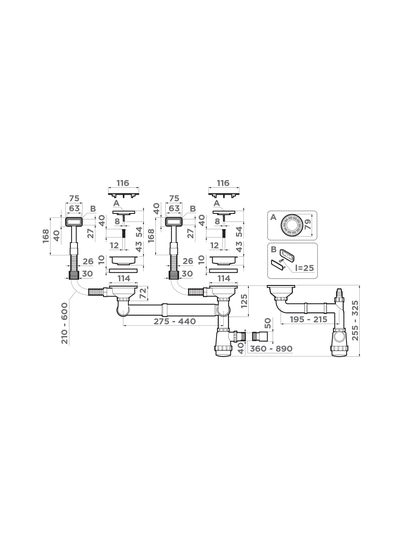Арматура для двухчашевых моек с прямоугольными переливами и декоративными элементами для корзины WK-2C-GB