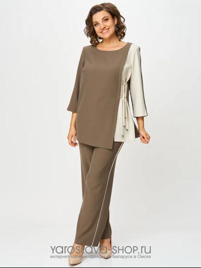 Модель: 1925.Костюм женский, 2-х предметный брюки и блузка в бежево-белом цвете