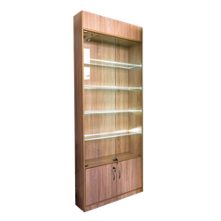 Современная витрина с ЛДСП и стеклянными дверями для демонстрации