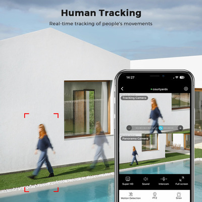 DE-WiFicam-02-4grey уличная моторизированная WiFi (2,4 и 5 Ггц)/LAN охранная видеокамера с 2 объективами, интерком, ночная подсветка ИК + свет, с DVR. 4+4 Mp. (O-Kam Pro)