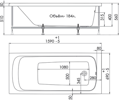 Акриловая ванна 1ACReal Gamma 160x70 размеры