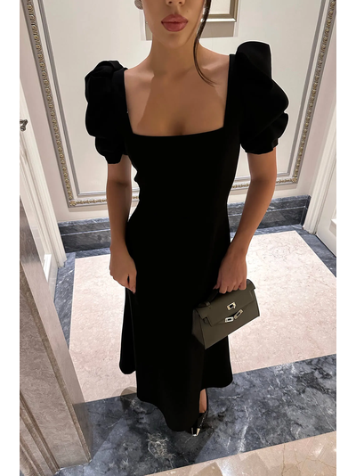 Платье миди с квадратным вырезом и юбкой годе (черный)