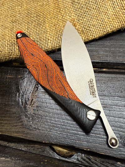 Фрикционный складной нож Канадец Большой сталь ELMAX, рукоять G10/микарта черно-оранжевая