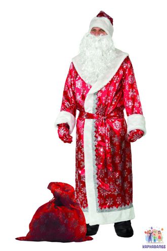 Костюм Дед Мороз сатин, красный, р.54-56, рост 188 см (В комплекте шуба с поясом, шапка, рукавицы, мешок и борода.)