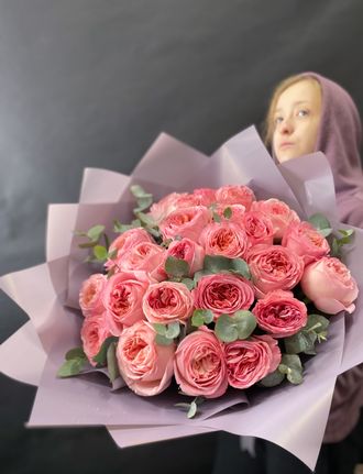 Роза Эквадор,, эквадорская роза, пионовая роза, розовые розы, розы с эвкалиптом, букет роз