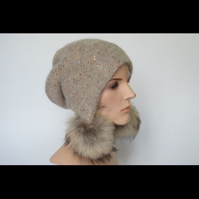 Шапка ушанка 1010 PP 66 с помпонами бежевая
