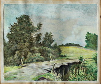 "Мостик через реку Воронку" бумага восковая пастель 1950-е годы
