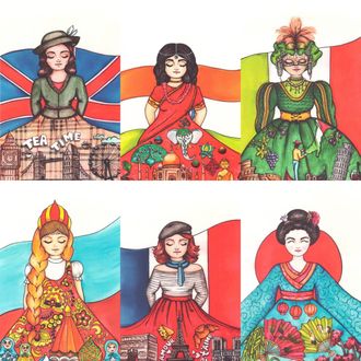 Набор из 6 иллюстраций Девушек Мира