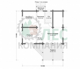 Одноэтажный дом из бруса 12x10 с террасой и крыльцом