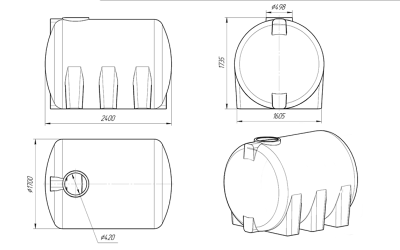 Размеры горизонтальной емкости на ножках 5000 литров H5000