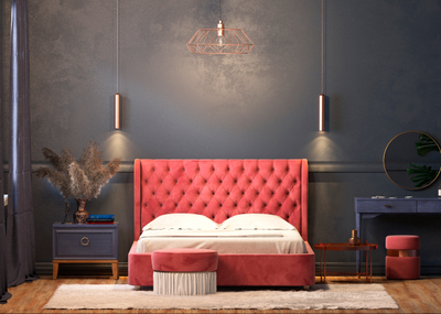 Современная дизайнерская кровать Леон, мягкое высокое изголовье, катерная стяжка, фанера, усиленная металлом, с подъемным механизмом и бельевым ящиком