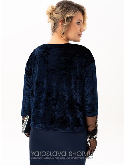 Эффектное бархатное платье-имитация костюма в синем цвете