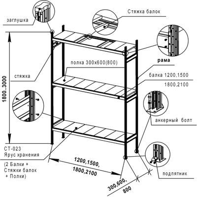 Стеллаж СТ-023 (ширина 1500 мм, глубина 600 мм)