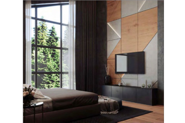 Визуализация клиента. Два разных материала - дерево и бетон, еще и подсветка. Между панелями черная эмалированная шпонка.