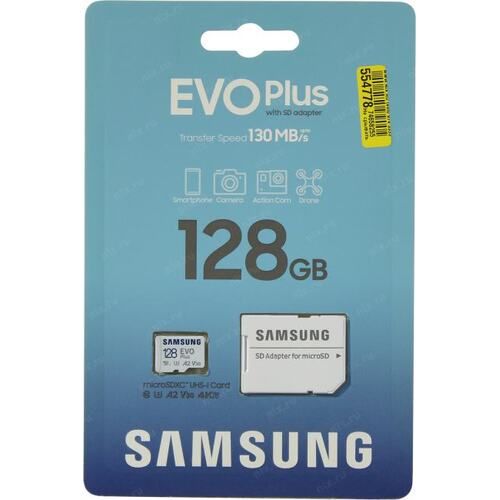 Карта памяти microSDXC UHS-I U3 Samsung EVO PLUS 128 ГБ, 130 МБ/с, Class 10, MB-MC128KA/RU, 1 шт., п