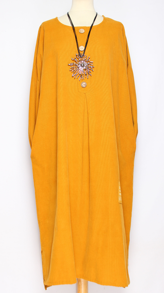 Платье Бохо вельветовое "ПЛАНКА ЗАЩИП ПУГОВИЦЫ" горчичное до р.56