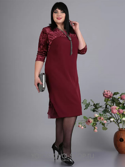 Платье бордовое из сочетания бархата, плательной ткани и сетки