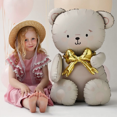 Мишка бежевый бант золотой