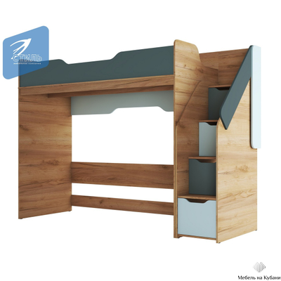 Rich КР-001 Кровать чердак Дуб Крафт золотой - Мята/Сумеречный голубой