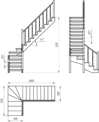 Деревянная межэтажная лестница ЛЕС-09 поворот 90°
