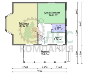 Полутораэтажный дом из бруса 7,5x7,5 с верандой, эркером и кукушкой