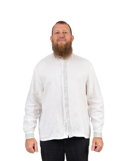 Деловая сорочка "Здрава" белый лён/серая вышивка