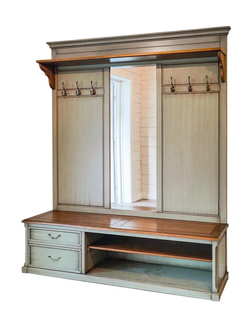 Вешалка для прихожей с зеркалом и напольной тумбой.