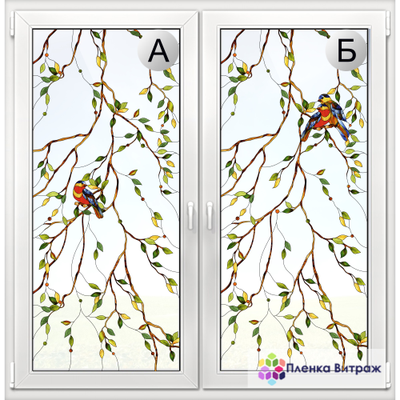 Витражная пленка, витражная пленка самоклеющаяся под заказ,пленочный витраж флора с птицами