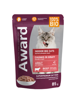 AWARD (Эворд) Indoor Big Cats, влажный корм (пауч) для домашних кошек крупных пород говядина в соусе, 85 г