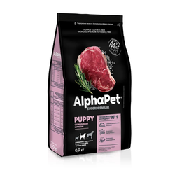 AlphaPet (АльфаПет) Superpremium сухой корм для щенков, беременных и кормящих собак средних пород с говядиной и рисом, 900 г