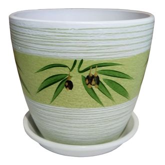 Белый с зеленым оригинальный керамический цветочный горшок диаметр 21 см с рисунком оливки