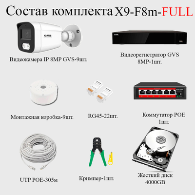 GVS комплект видеонаблюдения GVS-X9-V8m-full, 8MP, расширение 3840x2160
