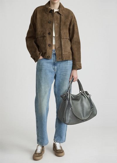 (АРТИКУЛ: 10037) СУМКА ЖЕНСКАЯ БОЛЬШАЯ, НАТУРАЛЬНАЯ КОЖА, СЕРАЯ, С ЦЕПОЧКОЙ