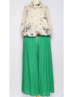 Брюки "Лён широкие с защипами на поясе" зеленые р.48-56