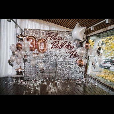 Серебряная фотозона с пайетками, шарами и звездами № 1477