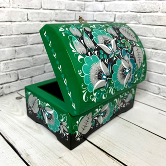 Деревянная шкатулка сундучок Серебристо-зеленая 120*80 мм для украшений с росписью Хохлома