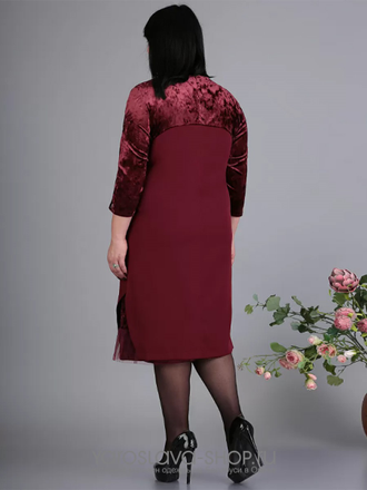 Платье бордовое из сочетания бархата, плательной ткани и сетки