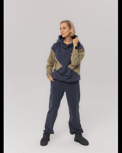 Худи  колорблок хлопковый велюр (черничный)