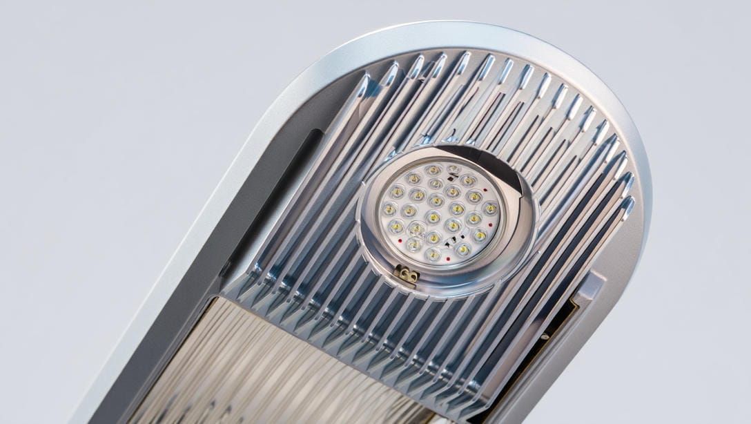 Крупный план консольного LED‑светильника &mdash; оптика и радиатор, технический вид.