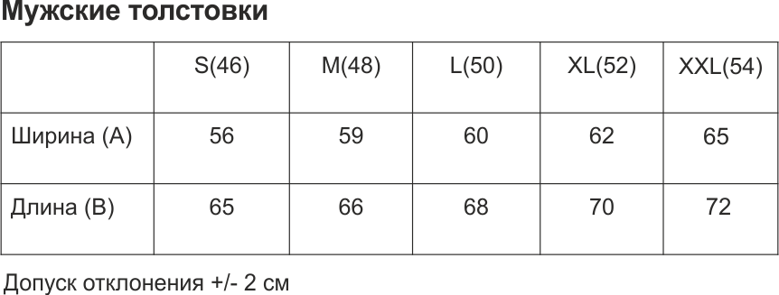 Размерная сетка мужских толстовок с капюшоном